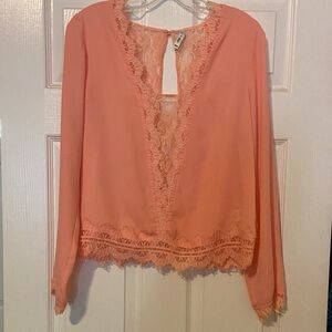 Elegant Peach Lace Trim Blouse